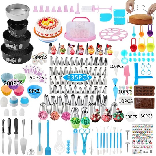 Greentek; 635-Piece Cake Decorating Kit – 3 Springform Pans, Turntable, Icing Nozzles, Piping Bags & Baking Tools; Category:Cake Decorating Tools; Image:1
